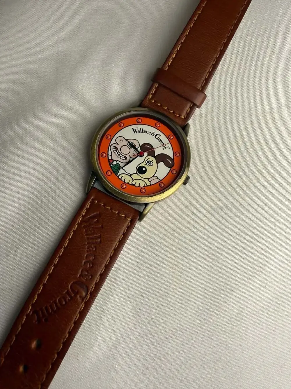 Vintage Wallace & Gromit Wesco Orange Dial Quartz Watch with Brown Leather Strap